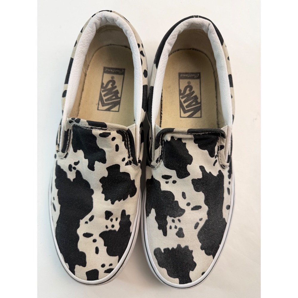Vans Classic Slip-On Cow Print Black White Canvas Sneakers Womens 8.5 Mens 7 - Picture 5 of 7